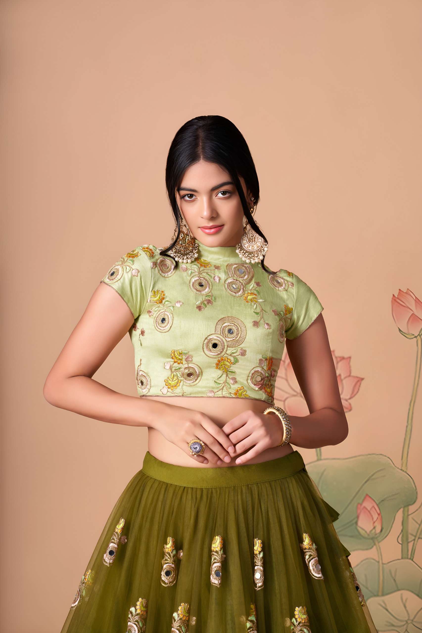 Olive Green & Pista colour Mirror and Embroidered work om net Lehenga Choli supplier in surat 7325 Mehndi
